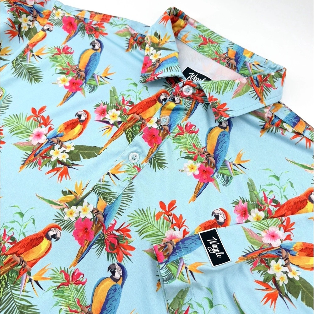 Waggle Polo Shirt Mens XL Blue Parrots Floral Print Stretch Performance Golf